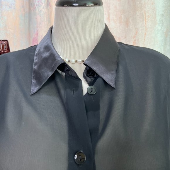 VTG📌 Chiffon Button Down Blouse with Satin Collar & Cuffs - Picture 4 of 16